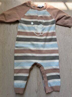 deux par deux Striped Knit Bear One-Piece in Pink, Blue, Cream, Gray